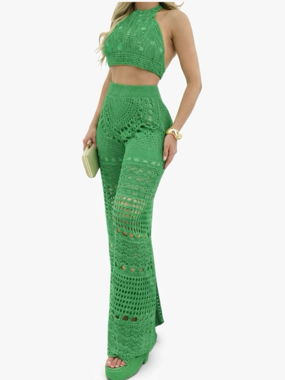 Emerald Green Crochet Wide-Leg Pants 💚 SASSY SUMMER STATEMENT SET 💚 SIZE SMALL